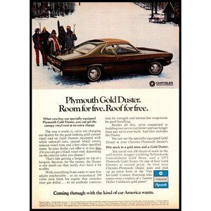 1972 Plymouth Gold Duster Coupe Vintage Print Ad Snow Skiing Ski Slope Wall Art